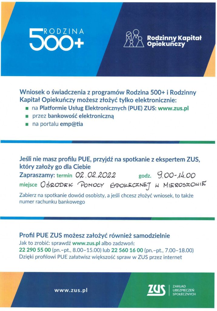 na zdjęciu plakat informujący o spotkaniu z pracownikiem ZUS w siedzibie Ośrodka w dniu 2 luty w godzinach 9 - 14