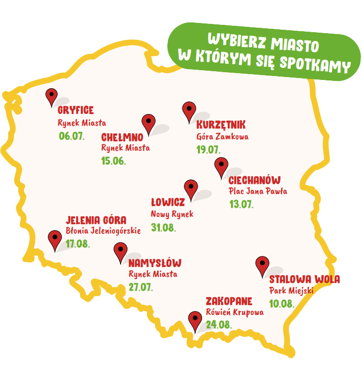na zdjęciu mapa Polski z zaznaczonymi miastami w których odbędzie się festiwal Polska od kuchni - najbliższe nam miasto to Jelenia Góra w dniu 17.08.2025