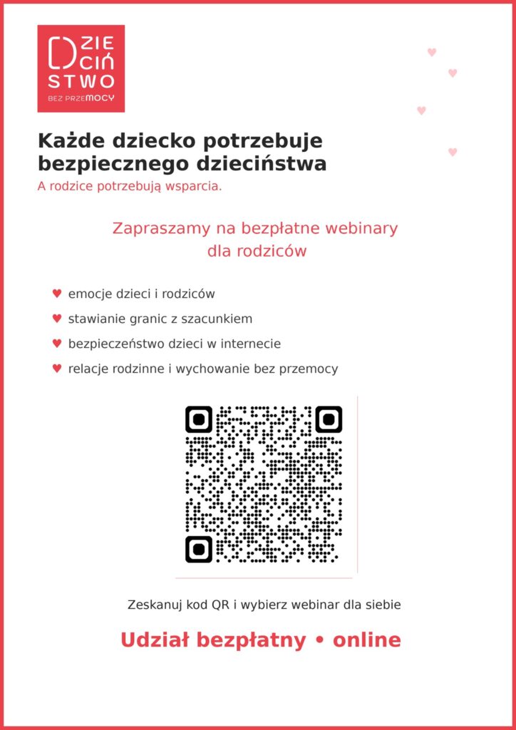 na zdjęciu podstawowe informacje o programie dzieciństwo bez przemocy oraz kod QR i link do strony informacyjnej projektu