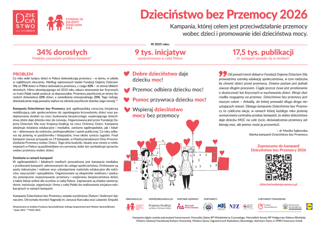 na zdjęciu plakat informacyjny o programie Dzieciństwo bez przemocy, szczegóły programu